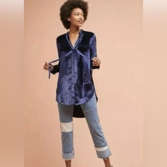 Anthropologie Maeve Tie Neck Crushed Velvet Navy Blue Blouse High Low - Picture 2 of 8